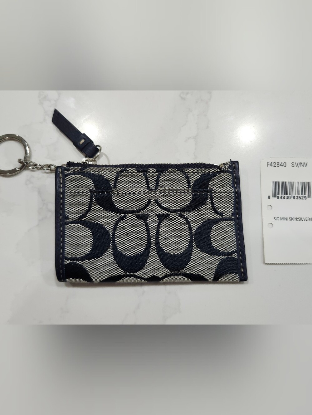 NWT Authentic Coach Navy Signature & Silver Mini Skinny Zip Wallet with Keychain